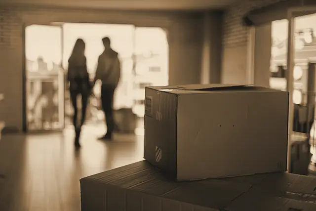 Pareja a contraluz en un piso vacío, con cajas de mudanza en primer plano